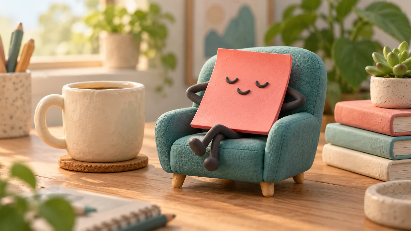 A relaxed sticky note character sitting in a teal chair beside a mug